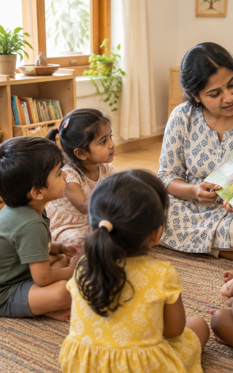 An Indian teacher reading a storybook to a small group of attentive preschool children seated on a rug