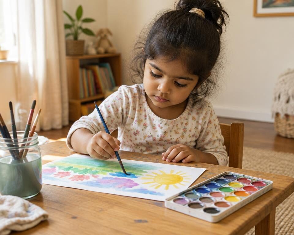 A young Indian girl painting a watercolour picture at a small table