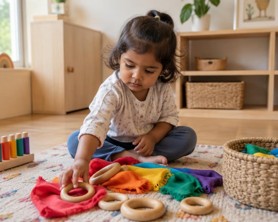 An Indian toddler exploring colourful fabric and wooden rings on a rug