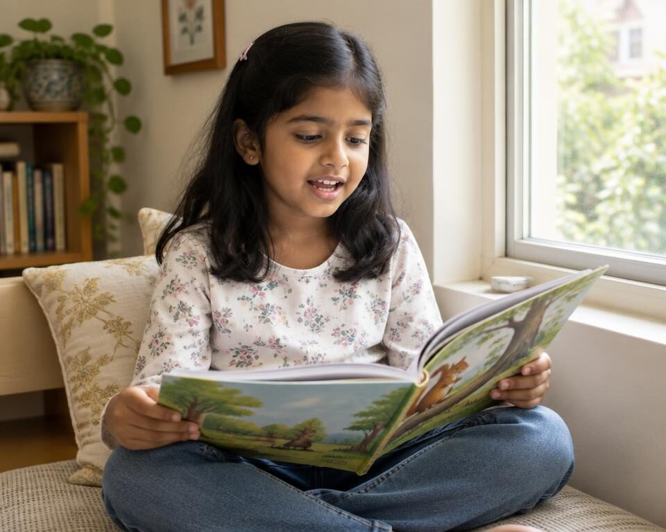 An Indian girl reading a picture book aloud by a window